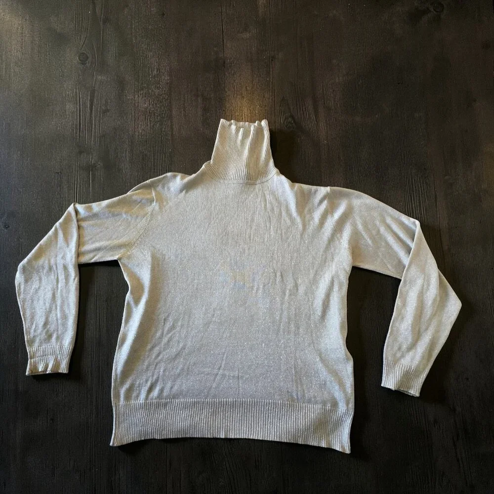 Composition NY Silk Blend Metallic Shimmer Turtleneck Sweater L Taupe Beige